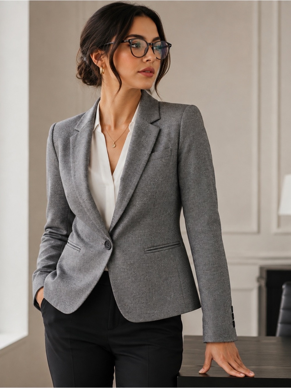 Express Grey Single-Button Tailored Blazer